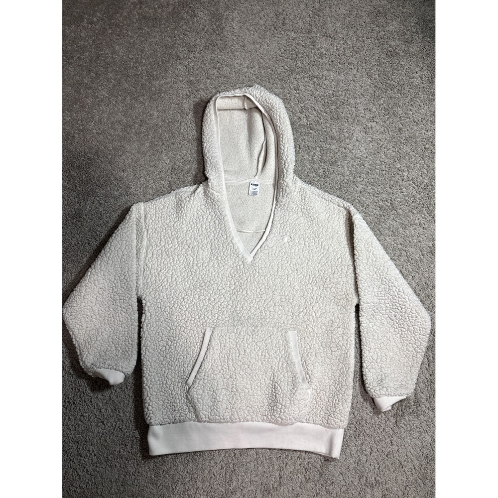 Victoria's Secret PINK Sherpa Hoodie Cream V-Neck Pullover XS
